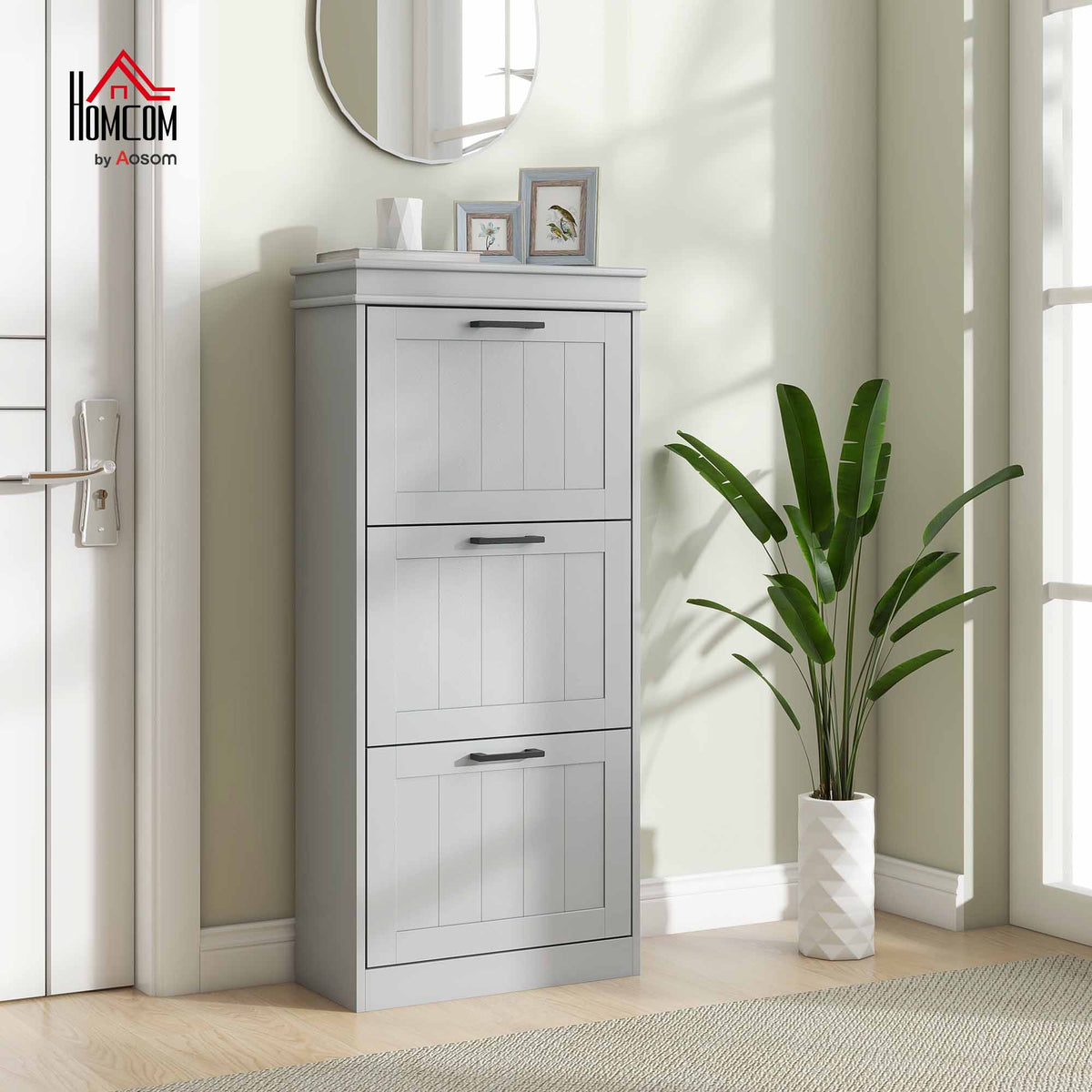 Slim Shoe Storage Cabinet with 3 Flip Drawers for Entryway, Grey