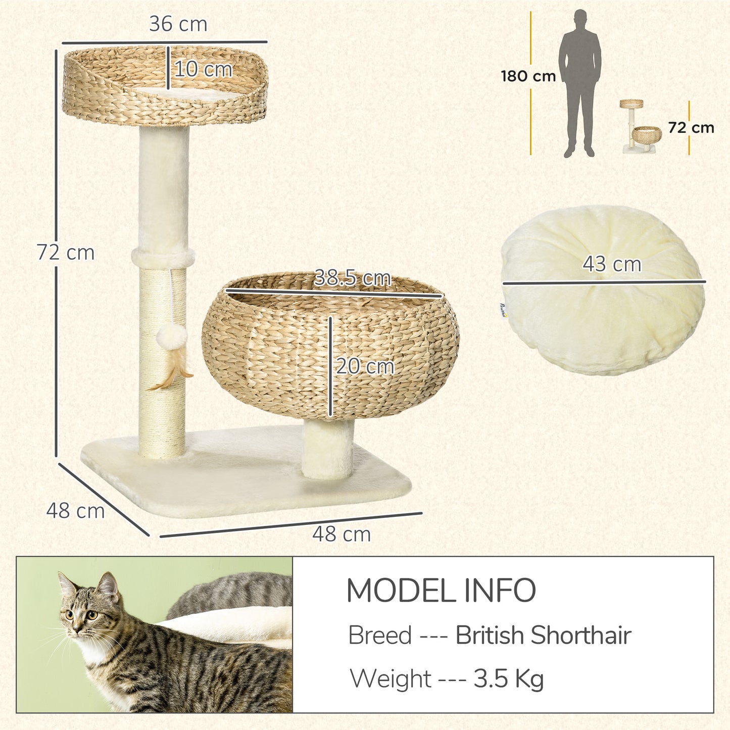 72cm Cat Tree Kitten Tower with 2 Beds Scratching Post Toy Ball Beige