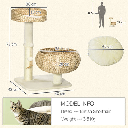 72cm Cat Tree Kitten Tower with 2 Beds Scratching Post Toy Ball Beige