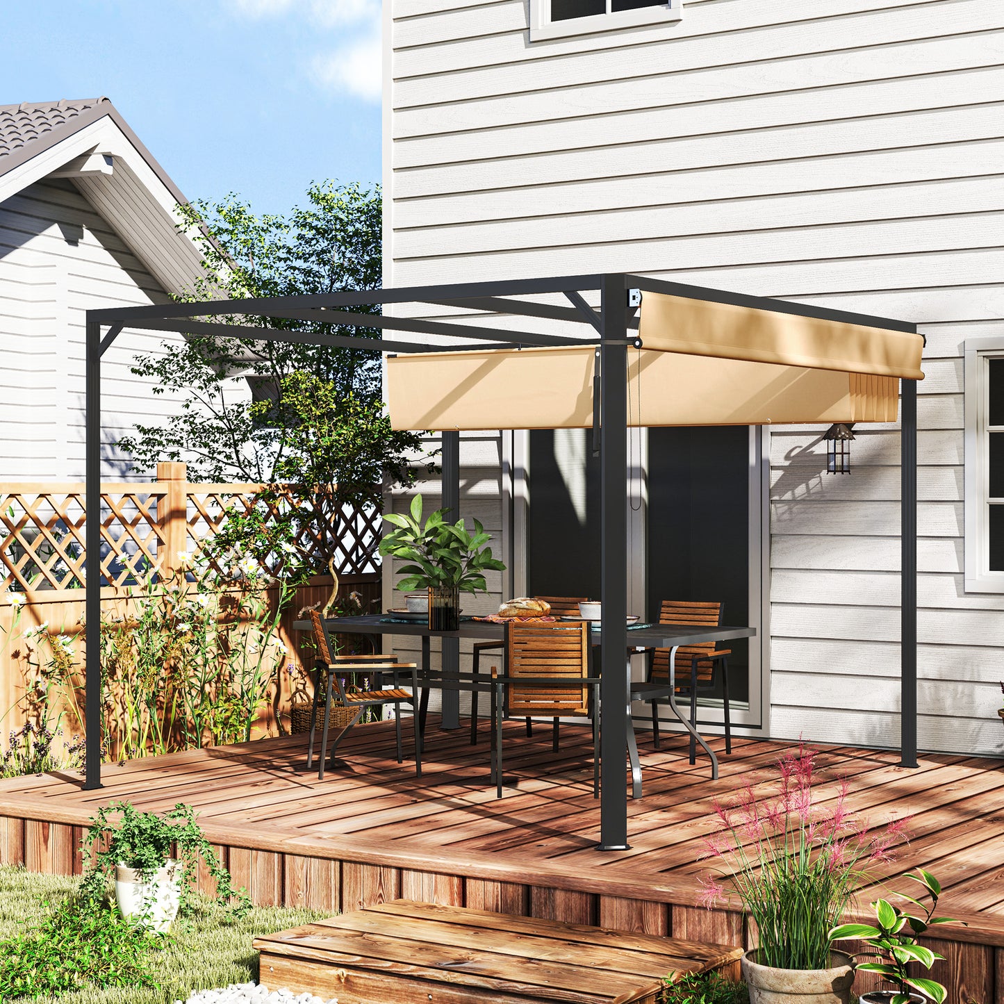 3 x 3(m) Pergola with Retractable Roof & Roller Shade, Khaki