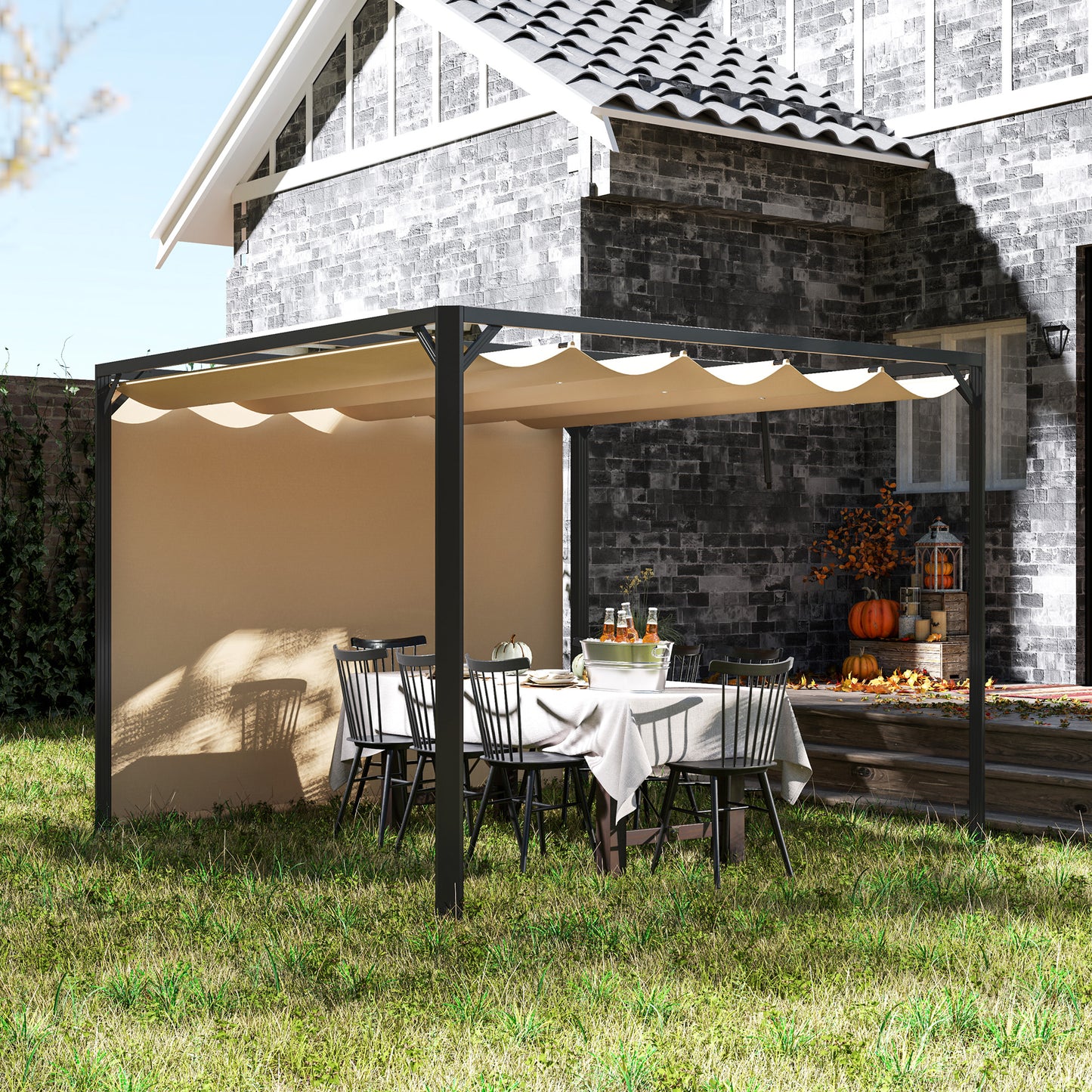 3 x 3(m) Pergola with Retractable Roof & Roller Shade, Khaki