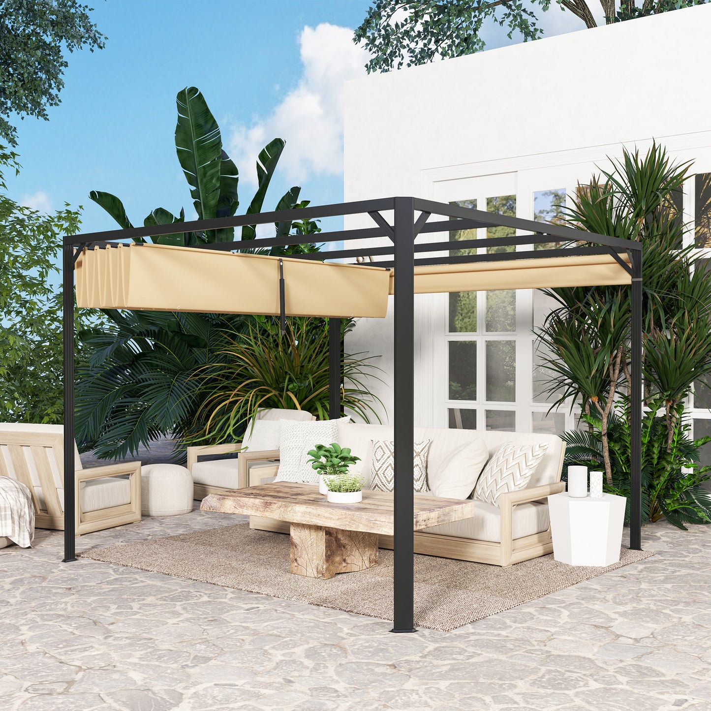 3 x 3(m) Pergola with Retractable Roof & Roller Shade, Khaki