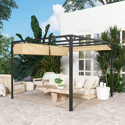 3 x 3(m) Pergola with Retractable Roof & Roller Shade, Khaki
