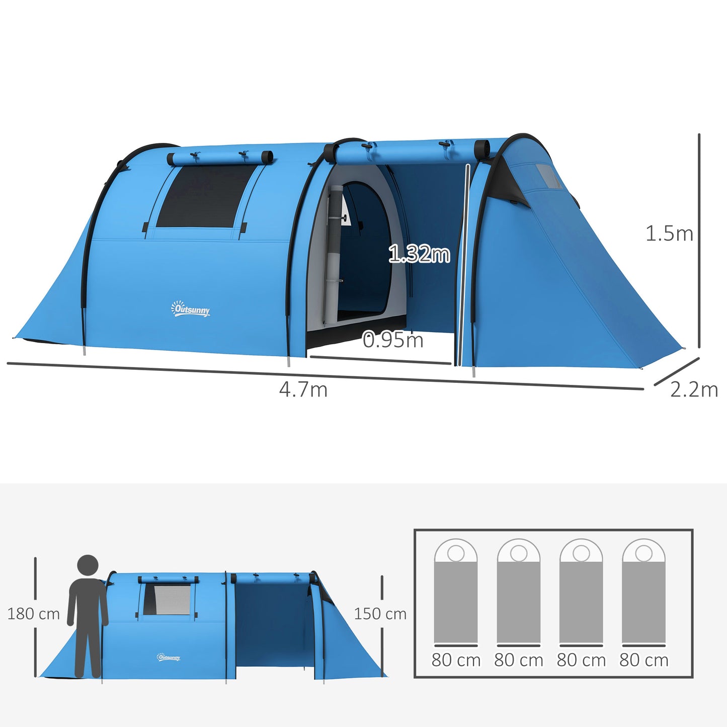 2 Room Camping Family Tent for 3-4 Man, 3000mm Waterproof, Sky Blue