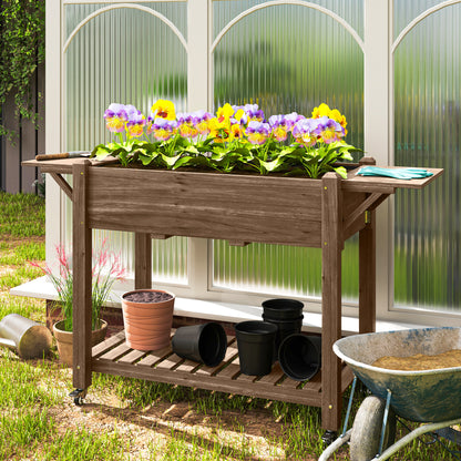 Wooden Raised Planter with Lockable Wheels, Liner, Carbonised