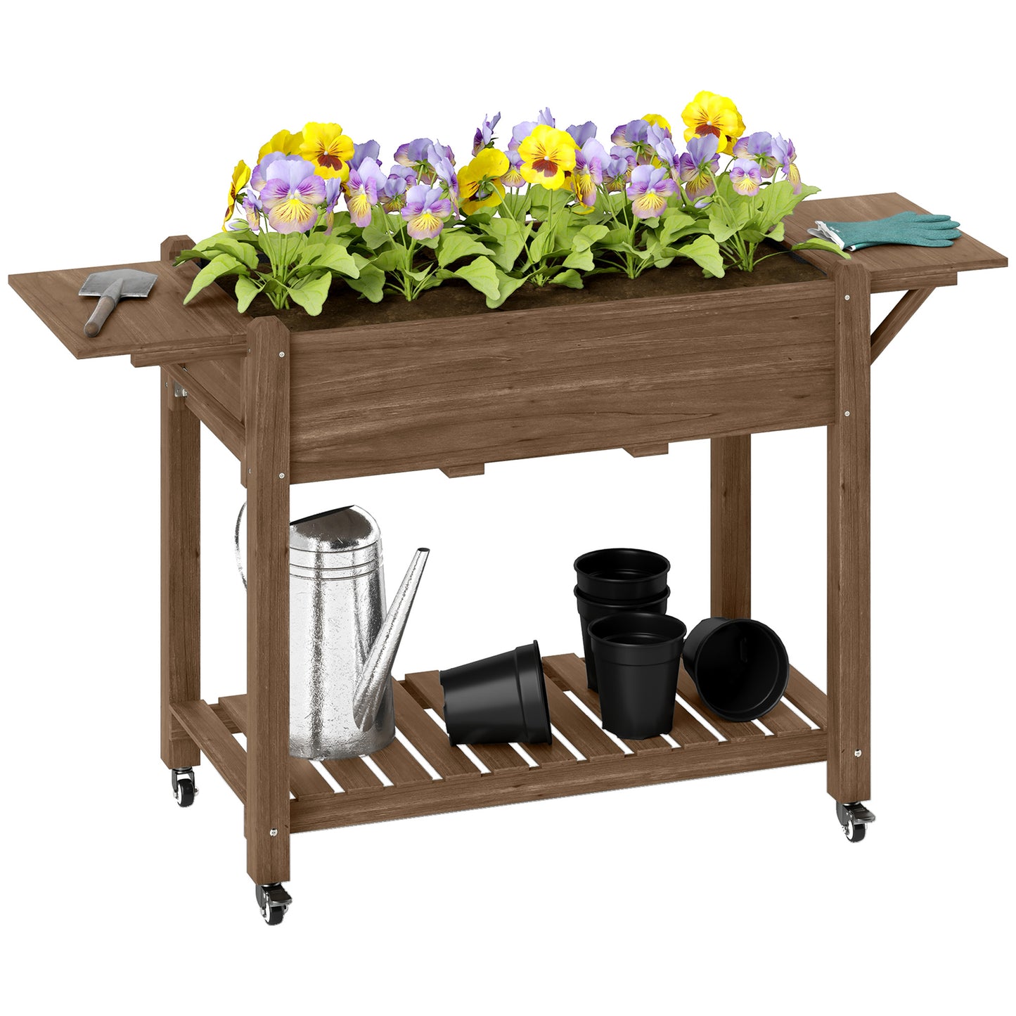 Wooden Raised Planter with Lockable Wheels, Liner, Carbonised