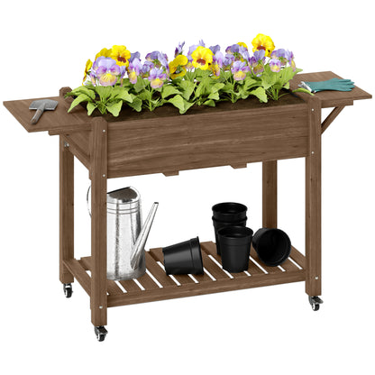 Wooden Raised Planter with Lockable Wheels, Liner, Carbonised