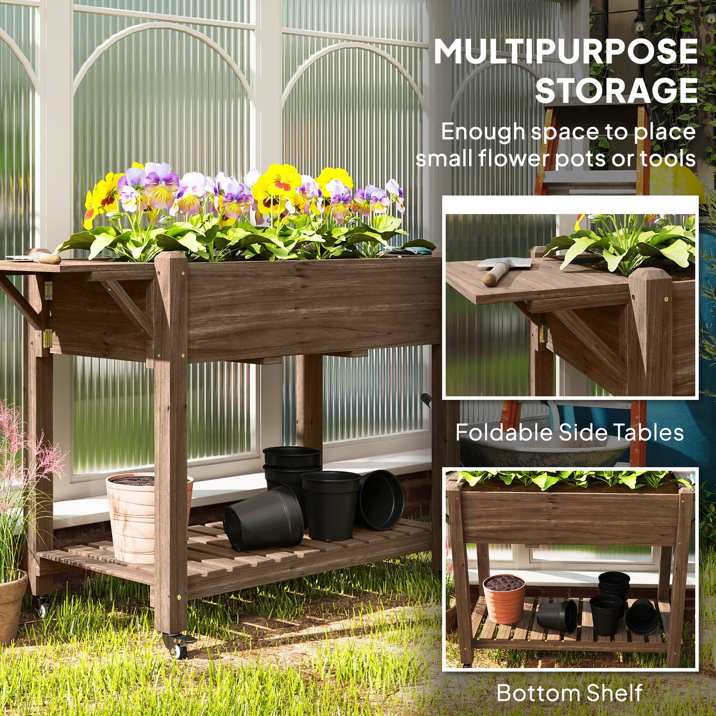 Wooden Raised Planter with Lockable Wheels, Liner, Carbonised