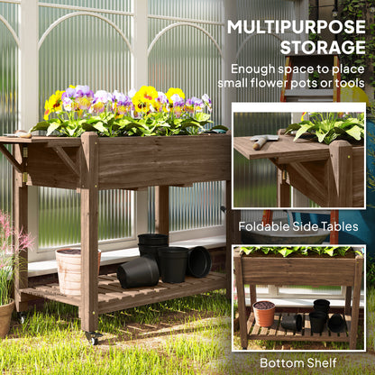 Wooden Raised Planter with Lockable Wheels, Liner, Carbonised