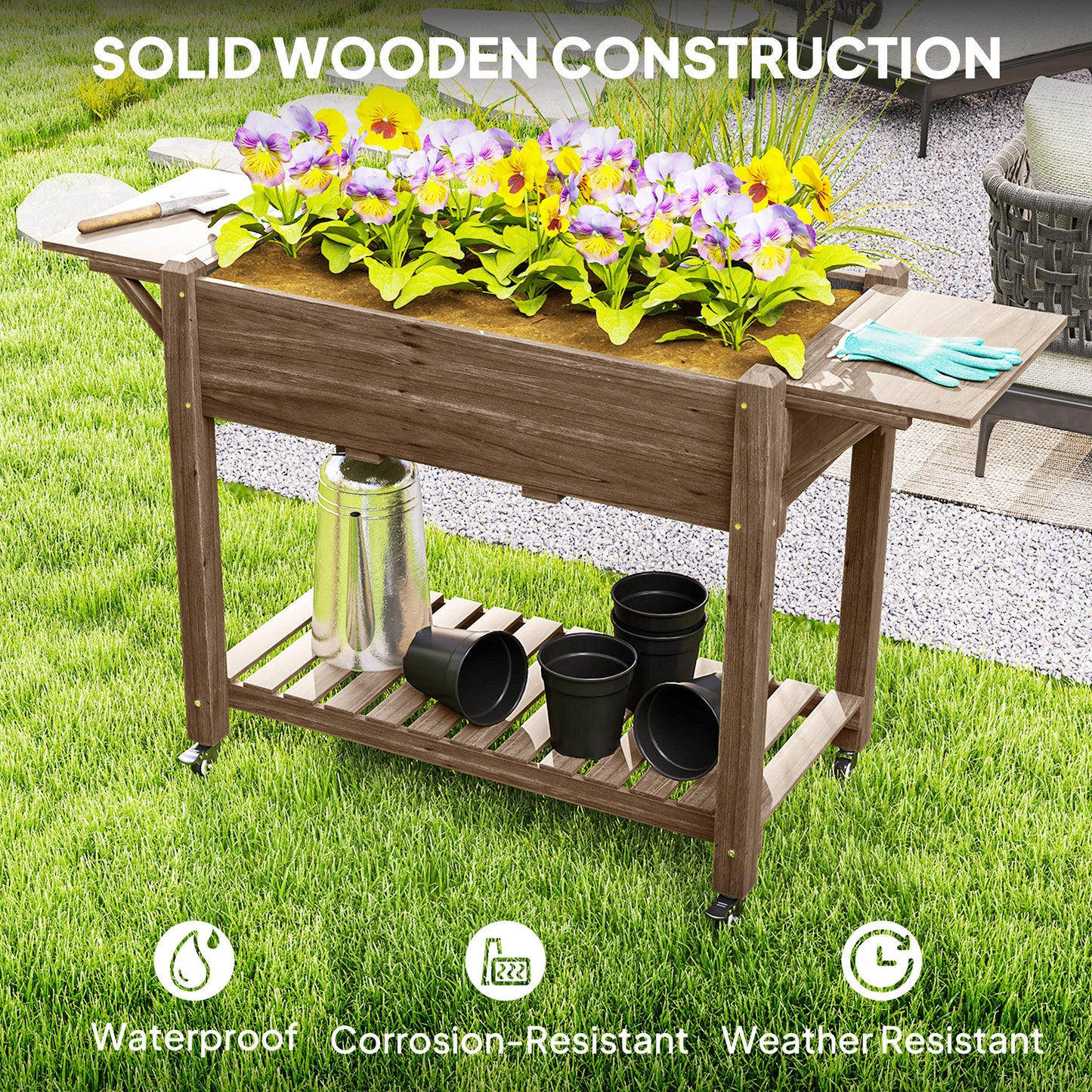 Wooden Raised Planter with Lockable Wheels, Liner, Carbonised