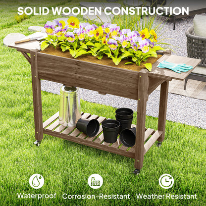 Wooden Raised Planter with Lockable Wheels, Liner, Carbonised