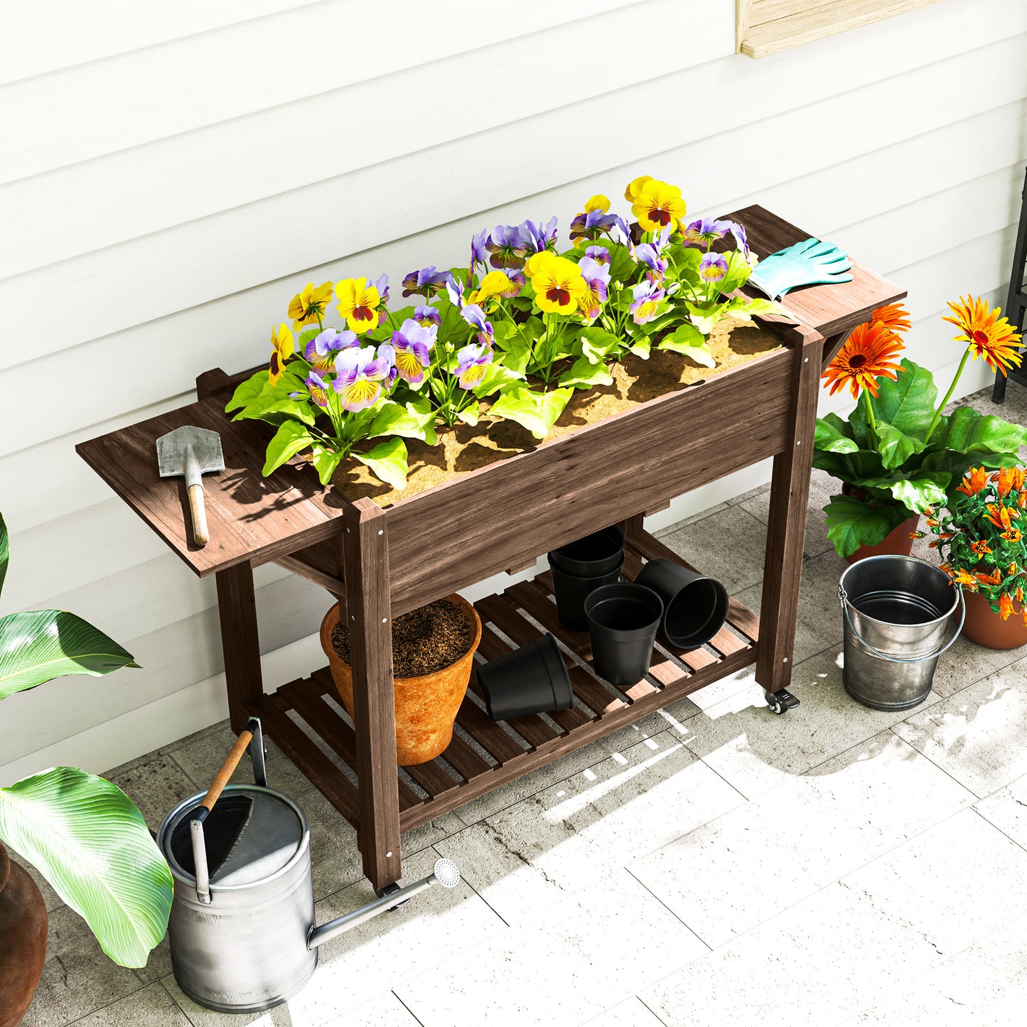 Wooden Raised Planter with Lockable Wheels, Liner, Carbonised