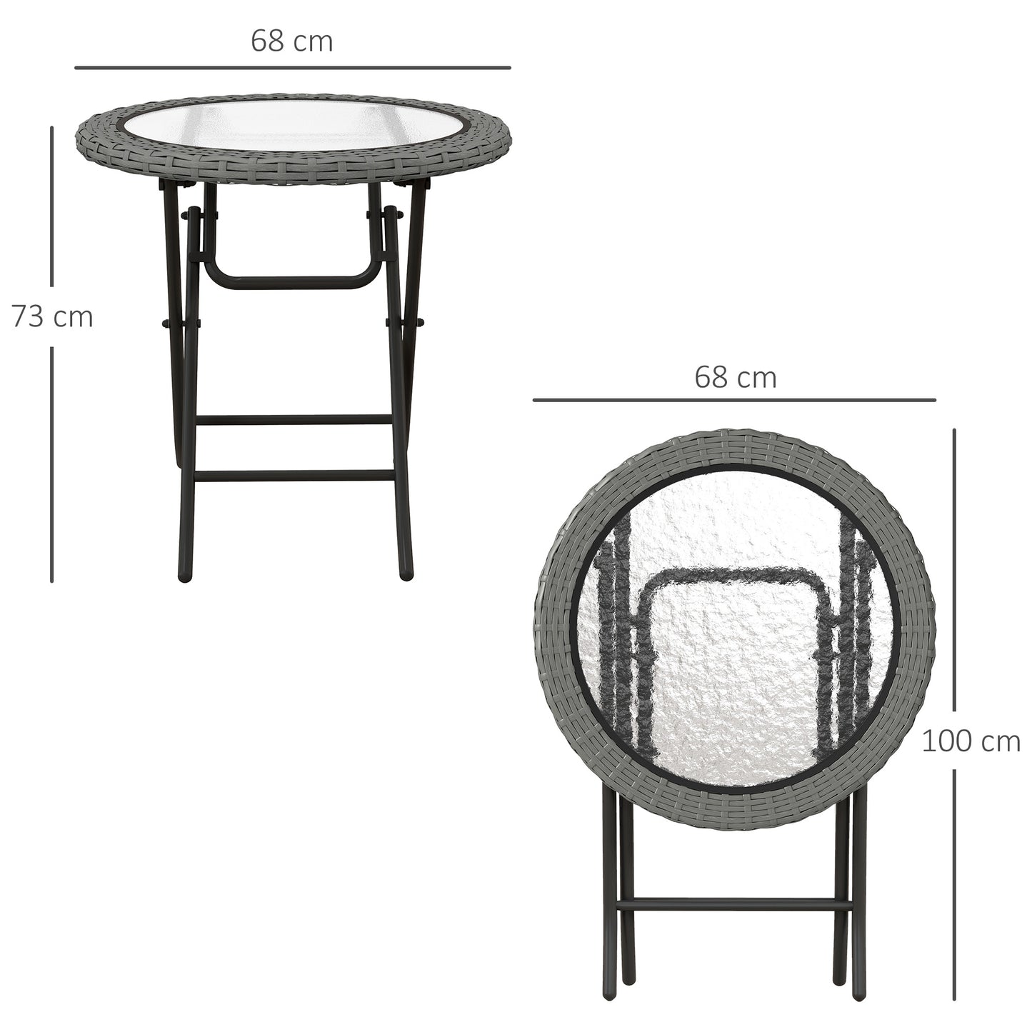 Folding Round Tempered Glass Metal Table with Grey Rattan Edging
