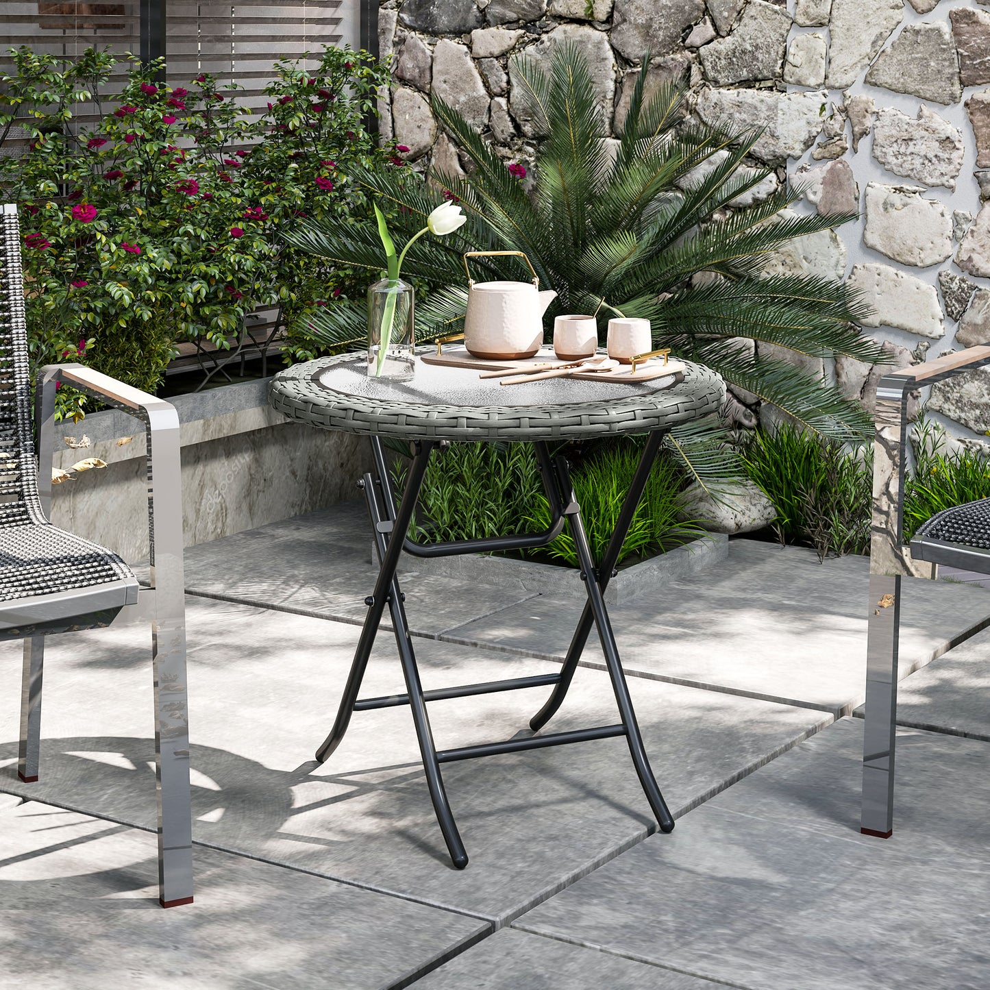 Folding Round Tempered Glass Metal Table with Grey Rattan Edging