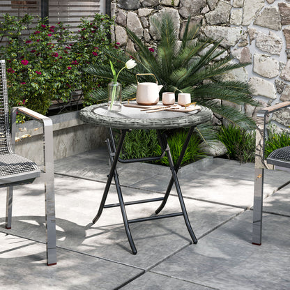 Folding Round Tempered Glass Metal Table with Grey Rattan Edging