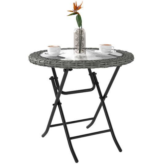 Folding Round Tempered Glass Metal Table with Grey Rattan Edging