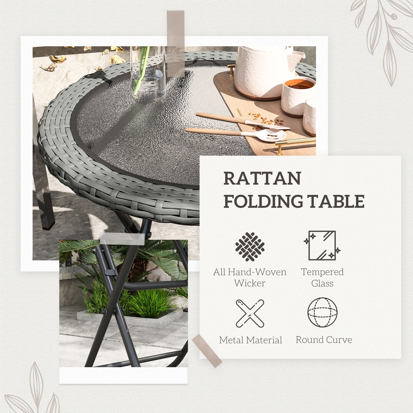Folding Round Tempered Glass Metal Table with Grey Rattan Edging