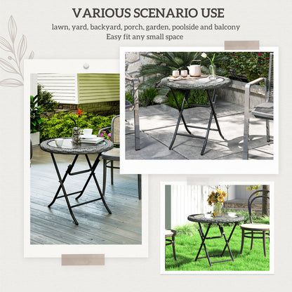 Folding Round Tempered Glass Metal Table with Grey Rattan Edging