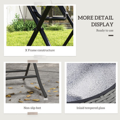 Folding Round Tempered Glass Metal Table with Grey Rattan Edging