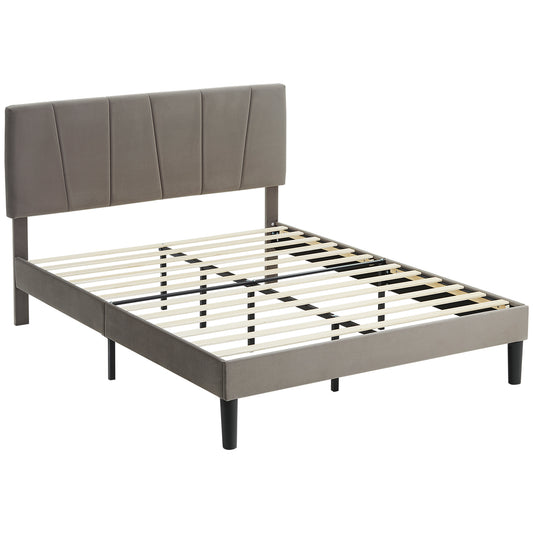 Double Bed Frame with 5-Level Adjustable Headboard Wooden Slats