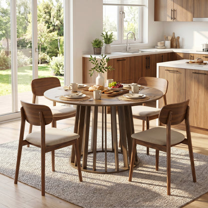 120 cm Round Dining Table for 4-6 People, Modern Kitchen Table with Slatted and Heavy Duty Pedestal Base for Dining Room, Kitchen, Living Room, Light Walnut