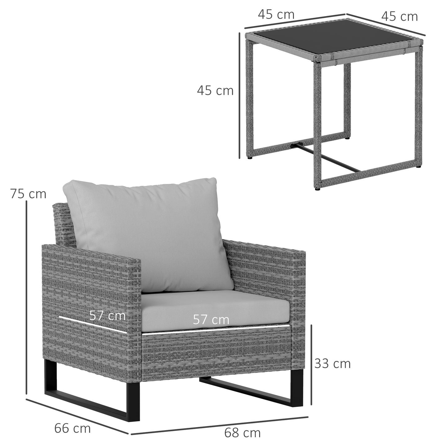 3PCS Rattan Bistro Set Glass Top Table and Chairs with 4 Cushions Grey