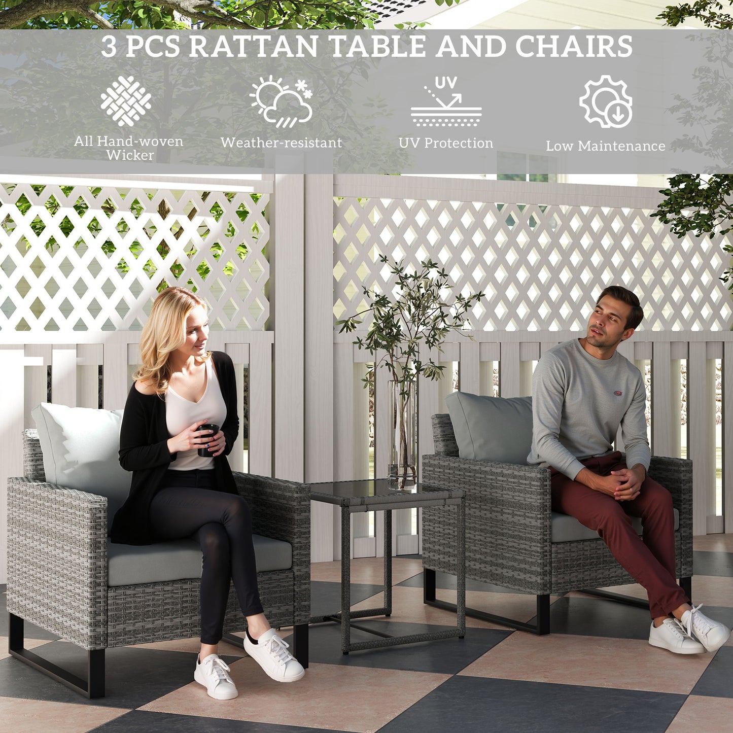 3PCS Rattan Bistro Set Glass Top Table and Chairs with 4 Cushions Grey