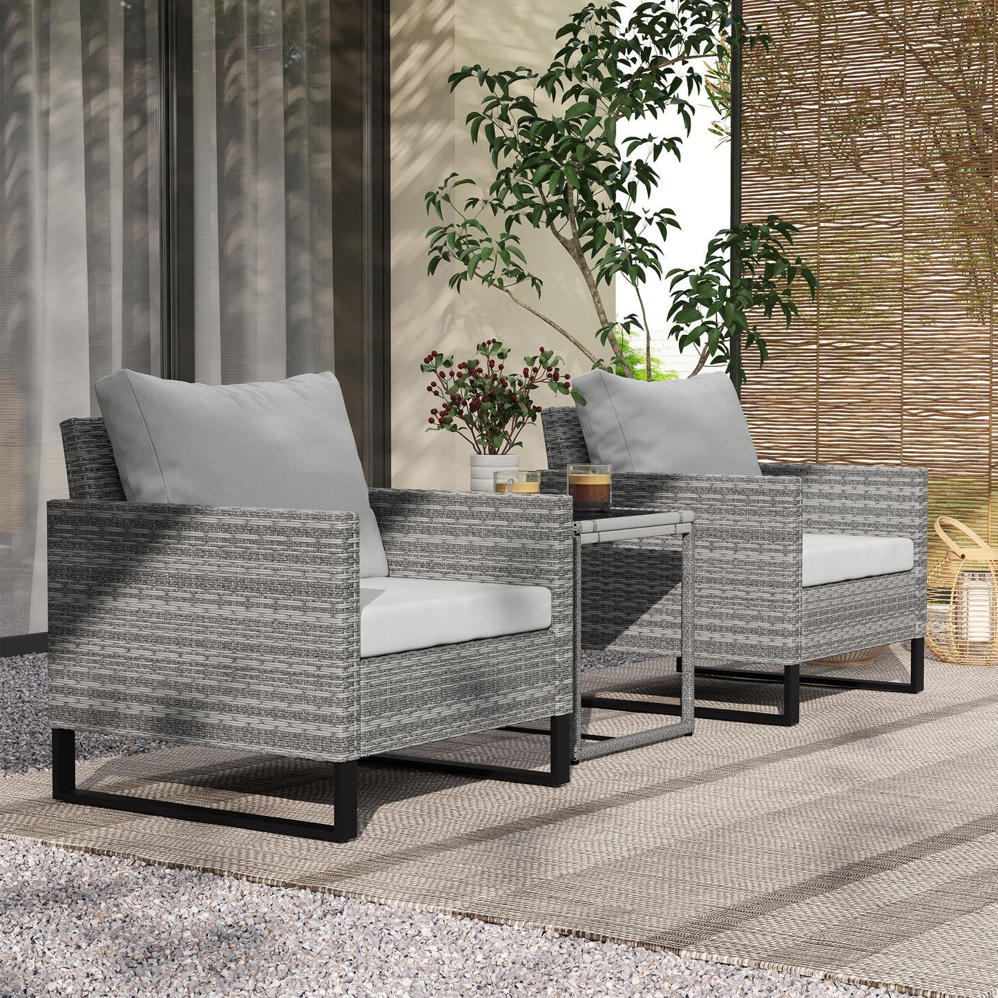 3PCS Rattan Bistro Set Glass Top Table and Chairs with 4 Cushions Grey