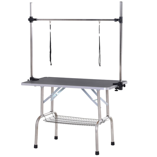 Adjustable Dog Grooming Table Rubber Top 2 Safety Slings Mesh Storage Basket Heavy Metal Black 107 x 60 x 170cm