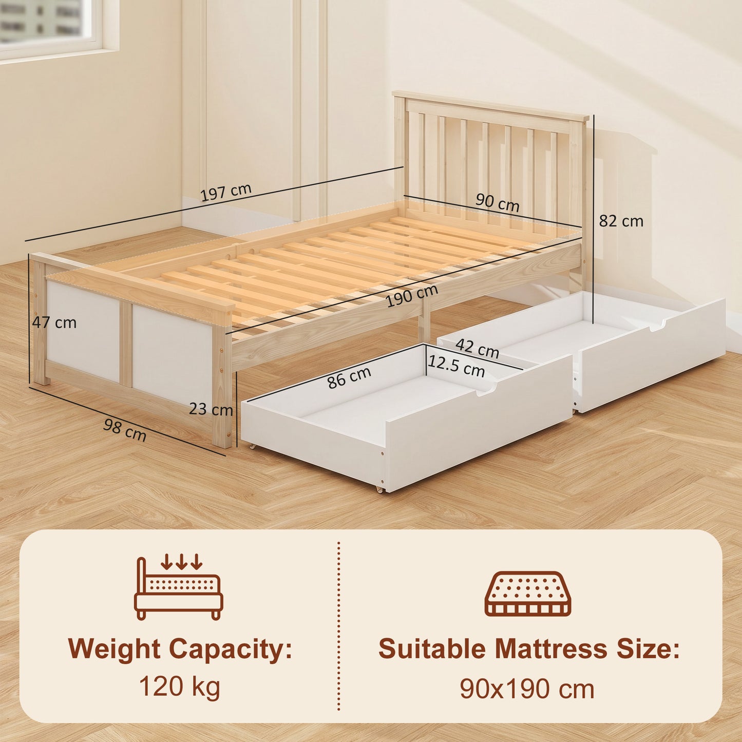 Storage Bed with 2 Drawers, Headboard, Wood Slat Support, Natural