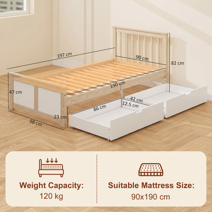 Storage Bed with 2 Drawers, Headboard, Wood Slat Support, Natural