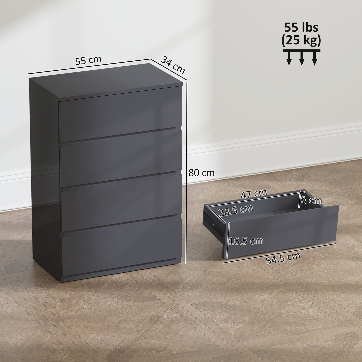 Bedroom Chest of Drawers, High Gloss 4 Drawers Dresser, Grey