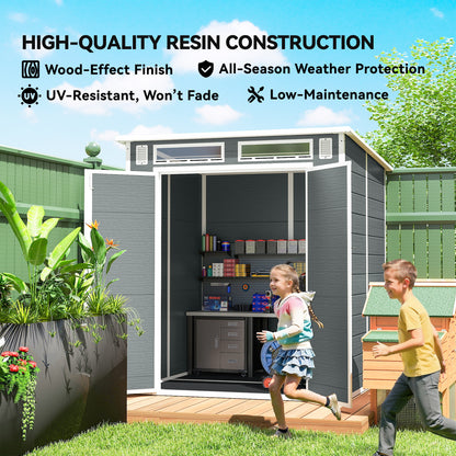 6 x 6 ft Plastic Garden Shed with Floor, Lockable Doors, Grey