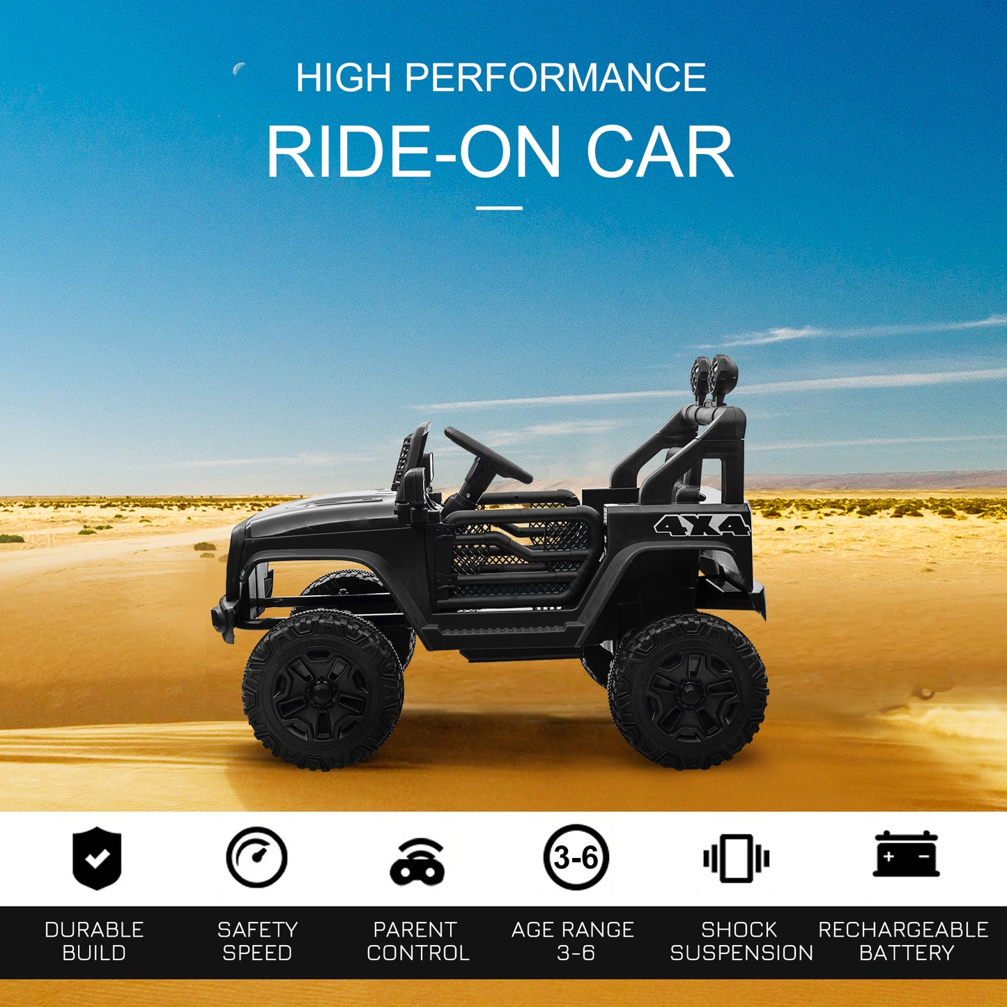 HOMCOM 12V Battery-powered 2 Motors Kids Electric Ride On Car Truck Off-road Toy with Parental Remote Control Horn Lights Suspension Wheels for 3-6 Years Old Black