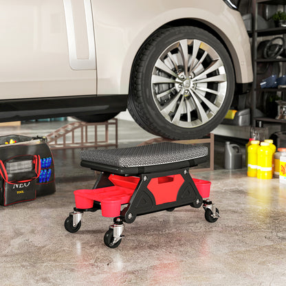 Rolling Mechanic Stool, 135kg Capacity Workshop Stool, 360° Swivel Roller Padded Creeper Seat with Wheels, Slide Out Tool Trays and Drawer for Garage, Shop, Auto Repair, Black