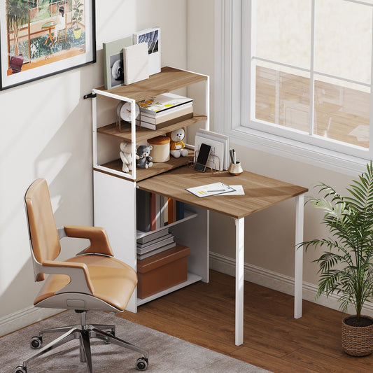 Folding Computer Desk with 4-Tier Shelving - Natural & White