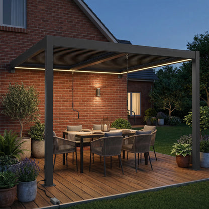 3 x 3 m Louvered Pergola with LED Lights, Metal Louvres, Dark Grey