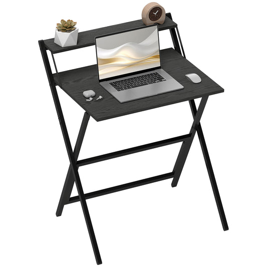 Folding Desk with Monitor Shelf, 70 cm Foldable Computer Desk for Small Spaces, Space Saving Writing Table Workstation for Home Office, Study, Easy Assembly, Black