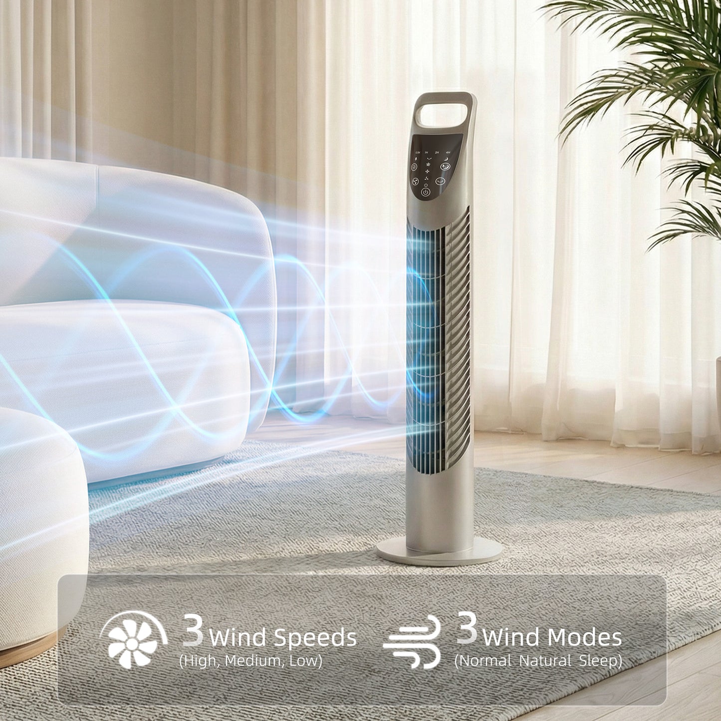 78.5cm Oscillation Tower Fan with Remote Control 3-Speed Wind Grey