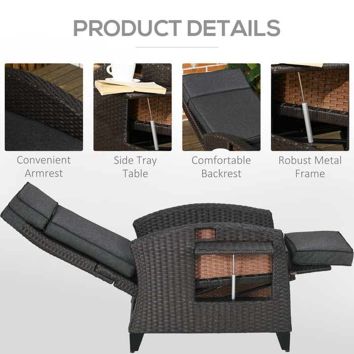 Outdoor Recliner Chair with Adjustable Backrest and Footrest, Cushion, Side Tray, Grey