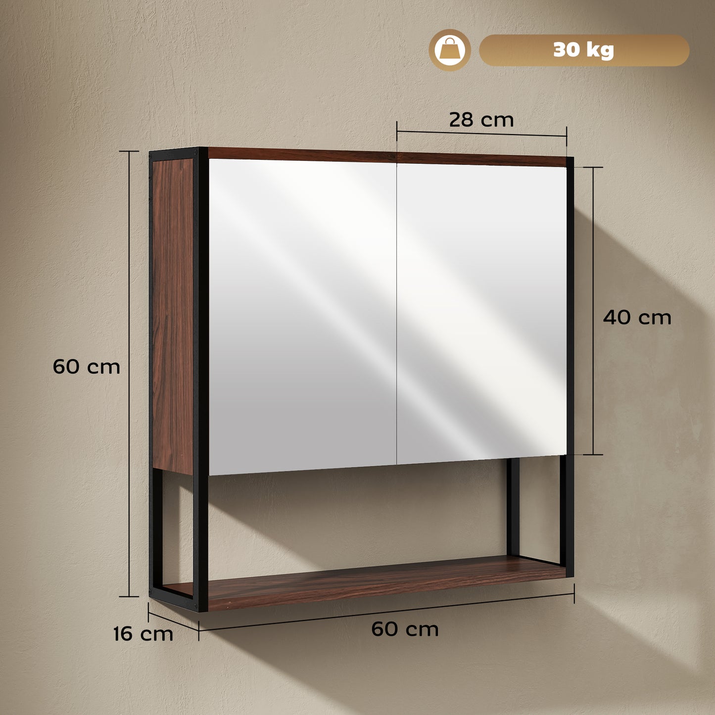 Industrial Bathroom Cabinet with 2 Mirrored Doors Open Shelf, Natural
