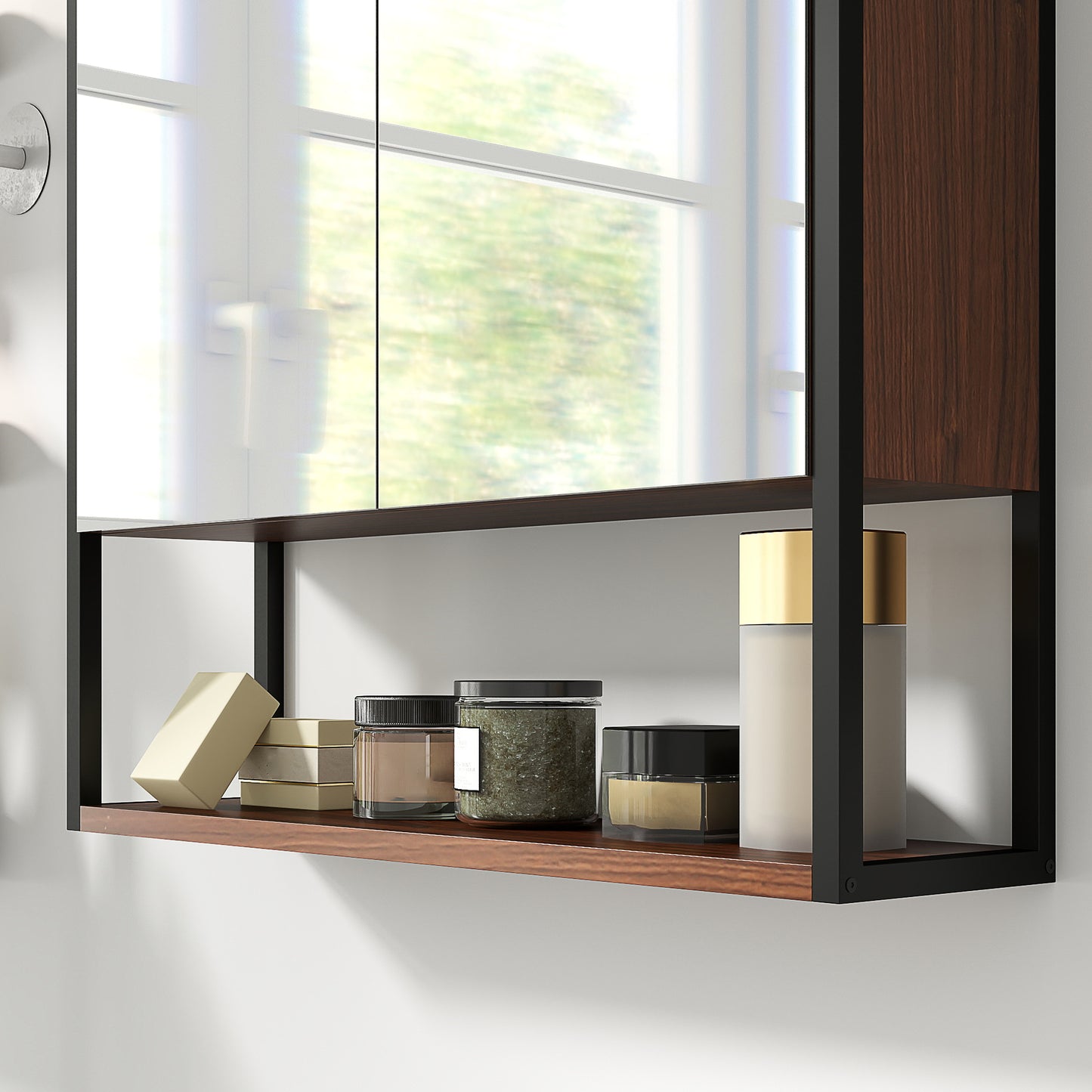 Industrial Bathroom Cabinet with 2 Mirrored Doors Open Shelf, Natural