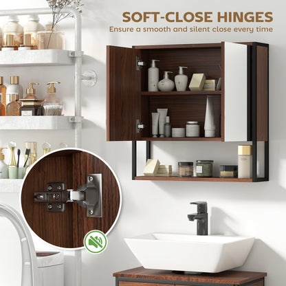Industrial Bathroom Cabinet with 2 Mirrored Doors Open Shelf, Natural