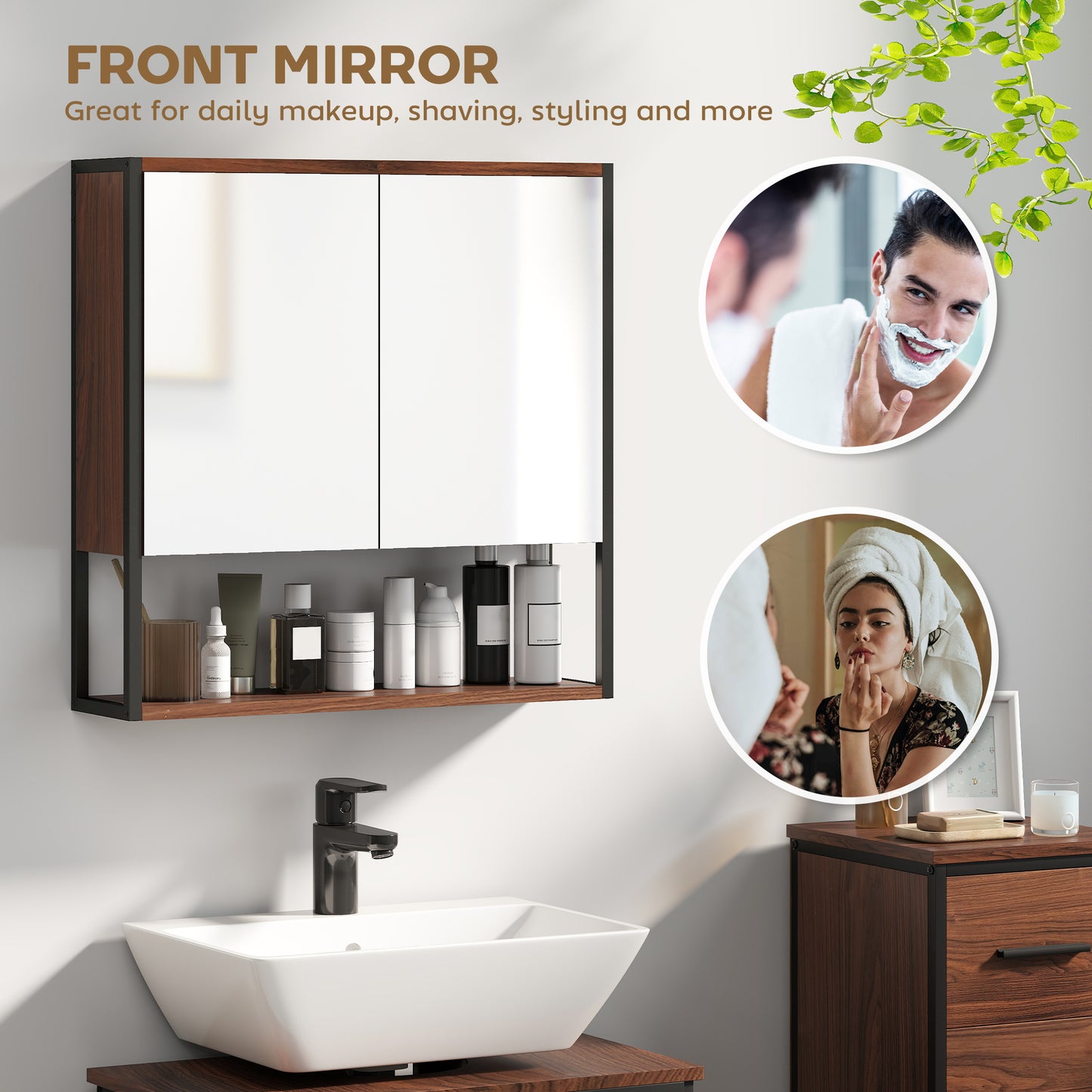 Industrial Bathroom Cabinet with 2 Mirrored Doors Open Shelf, Natural