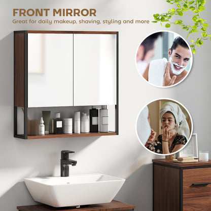 Industrial Bathroom Cabinet with 2 Mirrored Doors Open Shelf, Natural