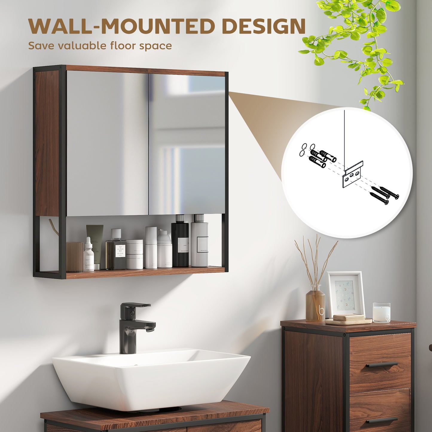 Industrial Bathroom Cabinet with 2 Mirrored Doors Open Shelf, Natural
