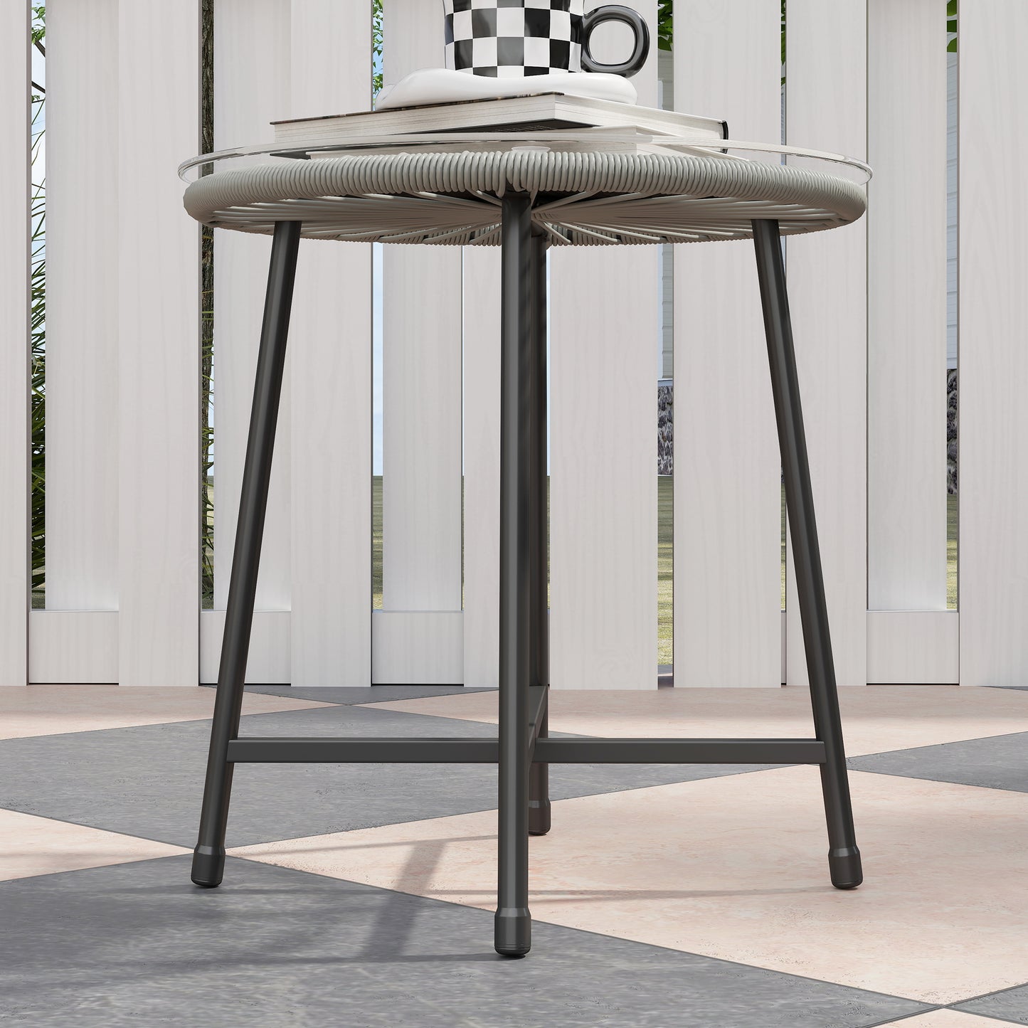 Rattan Bistro Set, Small Balcony Furniture with Cushion, Light Grey