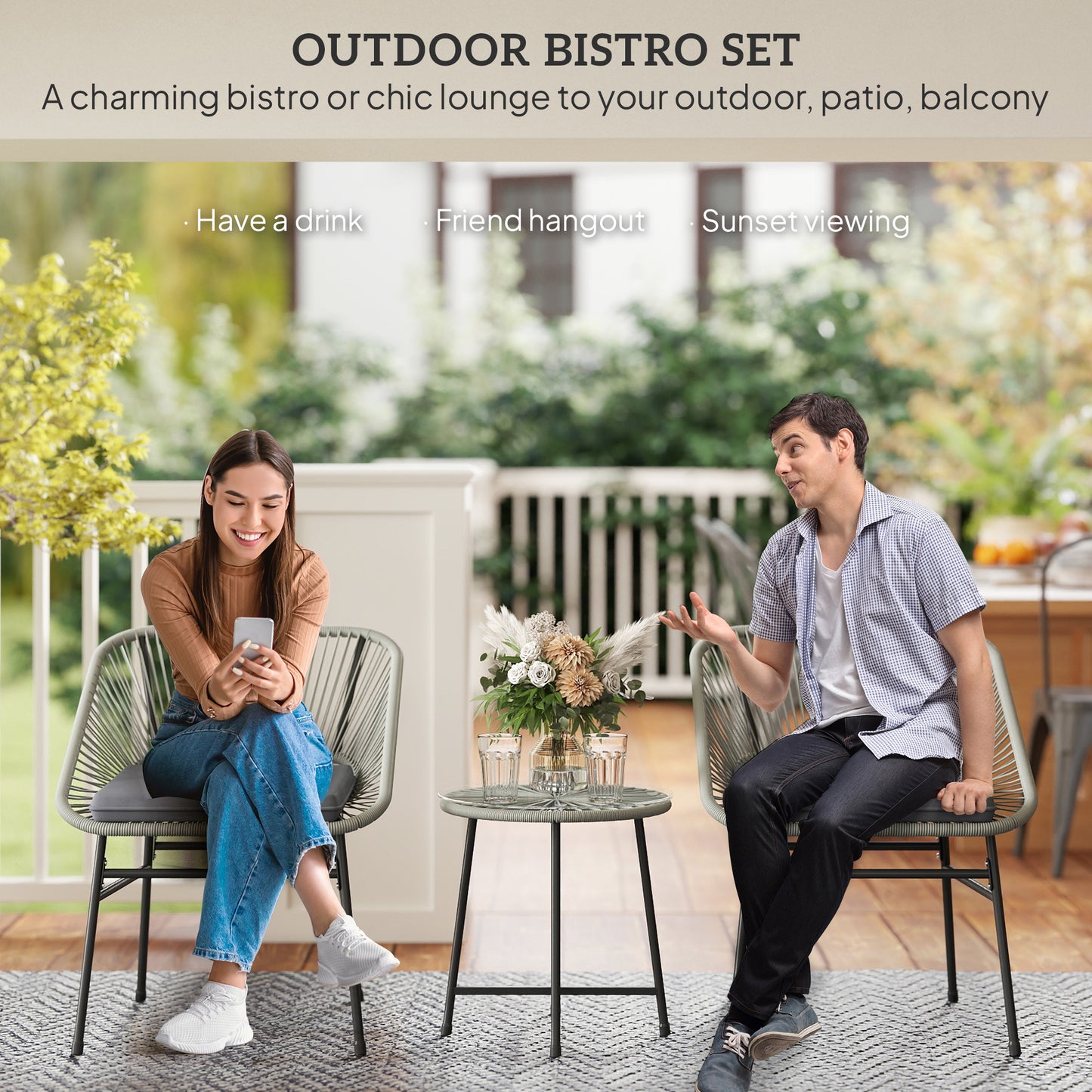 Rattan Bistro Set, Small Balcony Furniture with Cushion, Light Grey