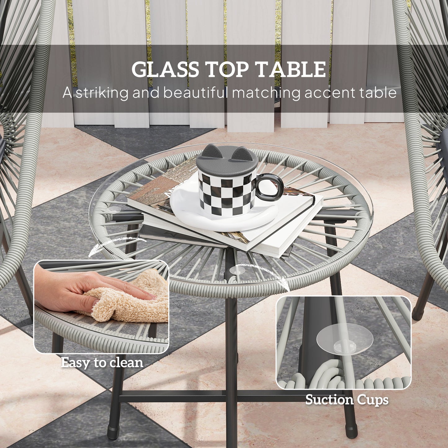 Rattan Bistro Set, Small Balcony Furniture with Cushion, Light Grey