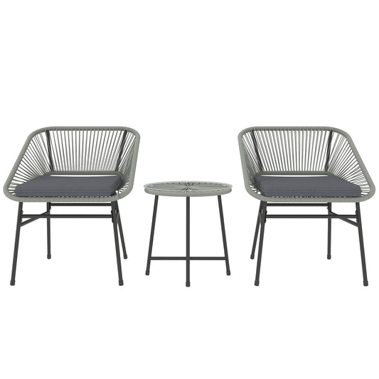 Rattan Bistro Set, Small Balcony Furniture with Cushion, Light Grey